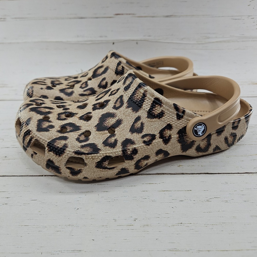 Crocs Classic Clogs Leopard Cheetah Print Womens 10 Tan Black Sandal 205838 - Picture 1 of 11